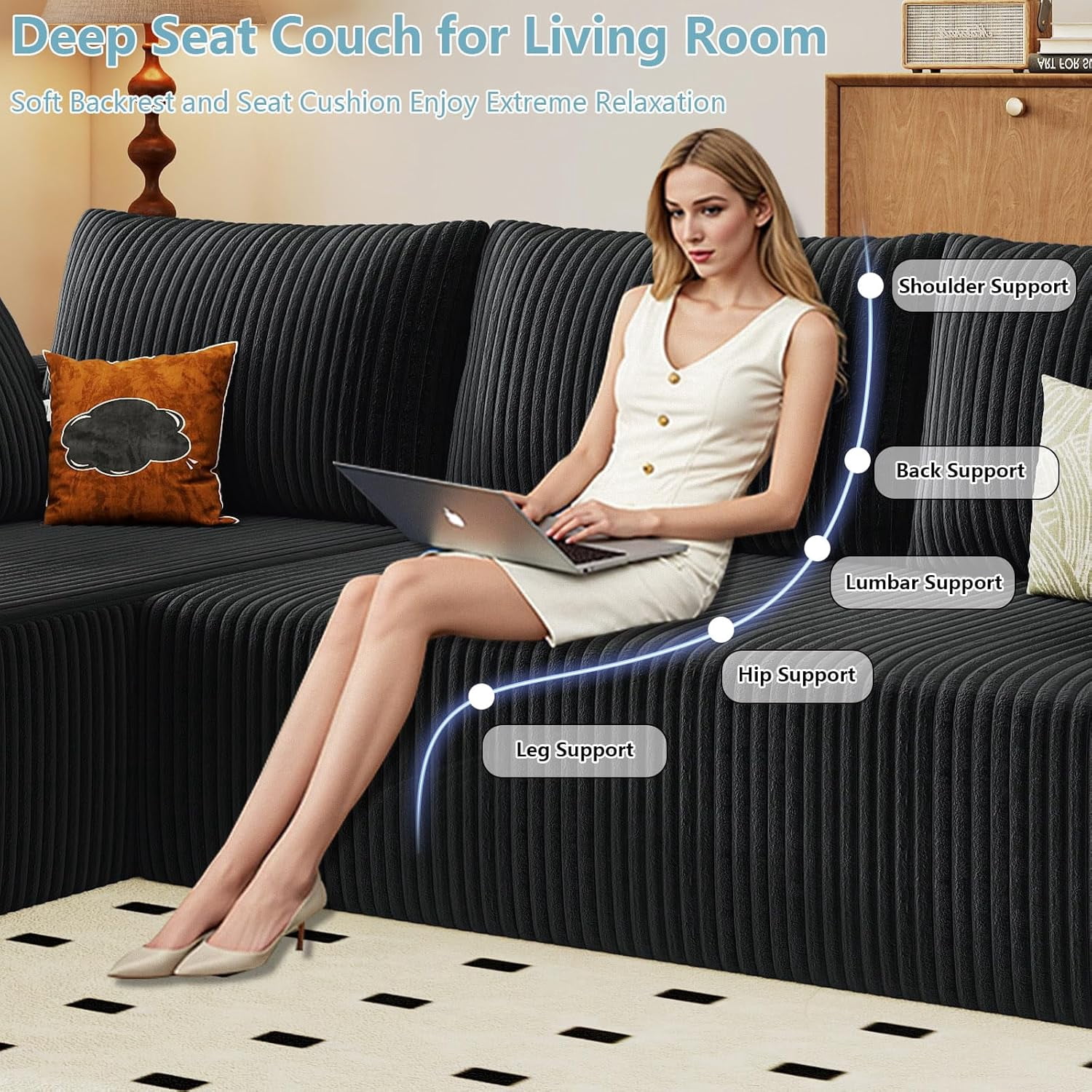 ODUWA 96" L-Shaped Sectional Sofa with Chaise, Corduroy Upholstery, No Assembly, Black