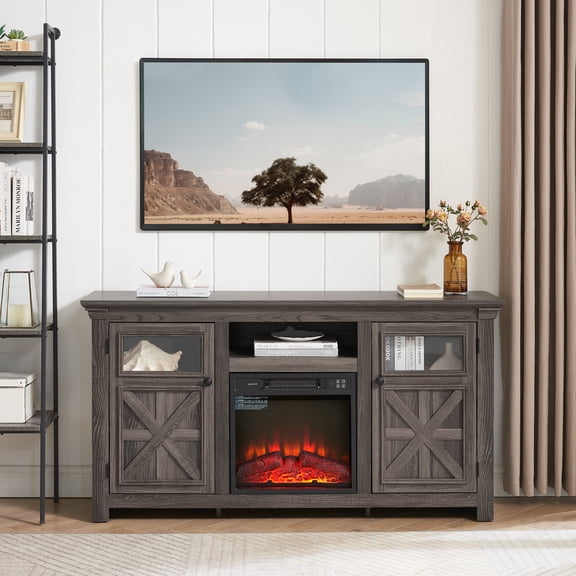 laibo Fireplace TV Stand for 65 Inch TV, Modern Farmhouse Rustic TV Cabinet with 18'' Electric Fireplace, Entertainment Center Television Console Table with Glass Barn Doors for Living Room, White