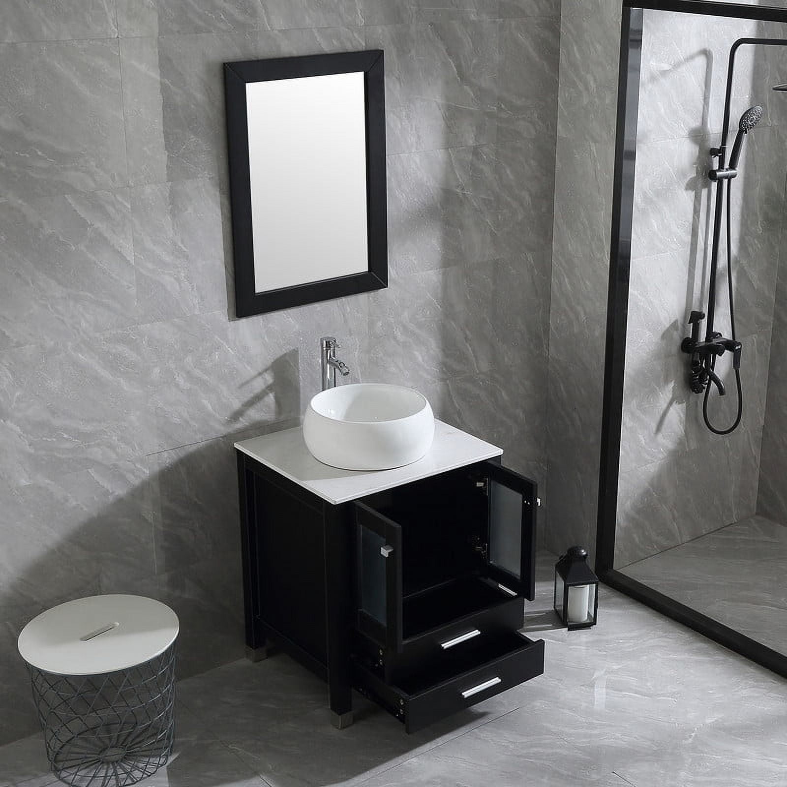 Walsport 24" Luxurious Bathroom Vanity Set with Mirror Black Cabinet and White Ceramic Vessel Sink 2 Large Sliding Drawers and 2-Door Pop-up Drain Faucet