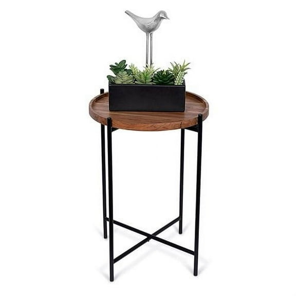 BIRDROCK HOME Folding Side Table with Removable Wood Tray - Black Metal Foldable Nightstand - Indoor Use Only - Bar Coffee Drinks Food Serving Tray - Decorative Modern End Accent - Natural Acacia