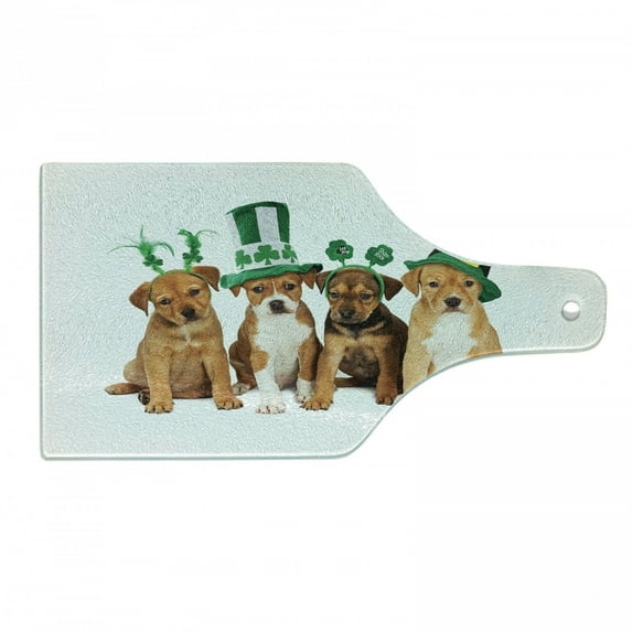 Clover Cutting Board, Dog Lover Themed Photo with Puppies with Irish Hats, Decorative Tempered Glass Cutting and Serving Board, in 3 Sizes, by Ambesonne
