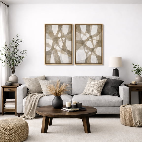 Framed Canvas Print Wall Art Set of 2 Organic Loop Abstract Prints Contemporary Neutral Shapes Artwork For Living Room Decor - 16"x24"x2 NATURAL