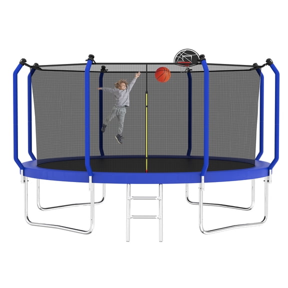 Aukfa 12 FT Trampoline with Safety Enclosure, Basketball Hoop & Ladder, Heavy-Duty Outdoor Jumper for Kids & Adults, Blue