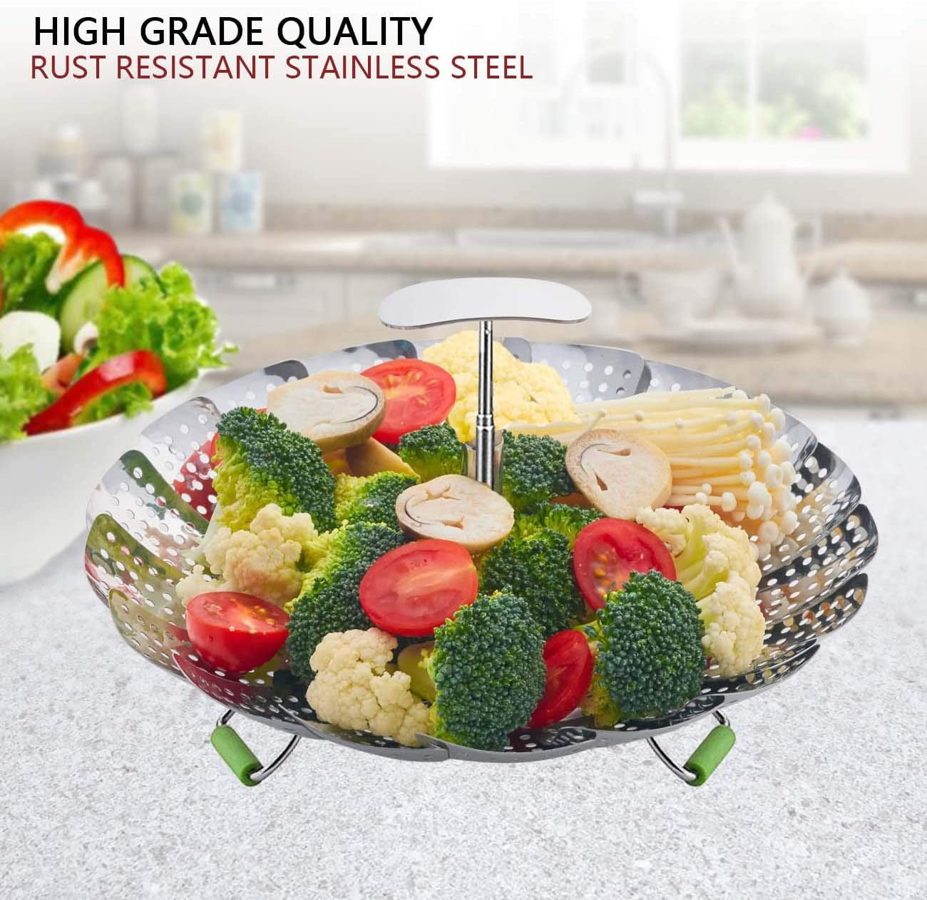 Kepooman Kitchen Stainless Steel Folding Veggie Steamer Basket for Cooking, Silver Kepooman Kitchen Stainless Steel Folding Veggie Steamer Basket for Cooking, Silver