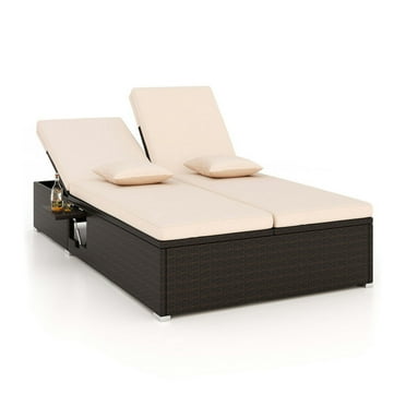 GVN Patio Double Chaise Lounge with Cushions and Folding Side Trays-Beige