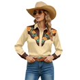 thumbnail image 3 of Women Western Cowgirl Cowboy Shirts Button Down Tops Floral Print Long Sleeve Snap Outfits Spring Fall Khaki XL, 3 of 5
