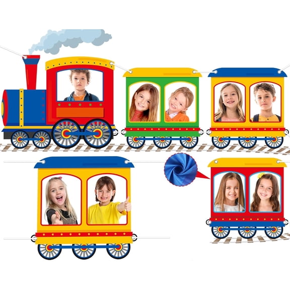 Train Shaped Photo Prop Selfie Frame Party Banner Large Fabric Steam Car Photo Booth Prop Decoration Colorful Train Background Supplies Chugga Chugga Two Two Banner Backdrop Party Sign 112 x38.7 Inch