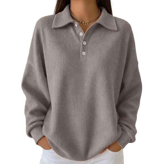 Women's Button Collar Sweatshirt Long Sleeve Pullover Solid Color Tops Casual Fall Winter Warm Loose Fit Tunic Shirts Gray S