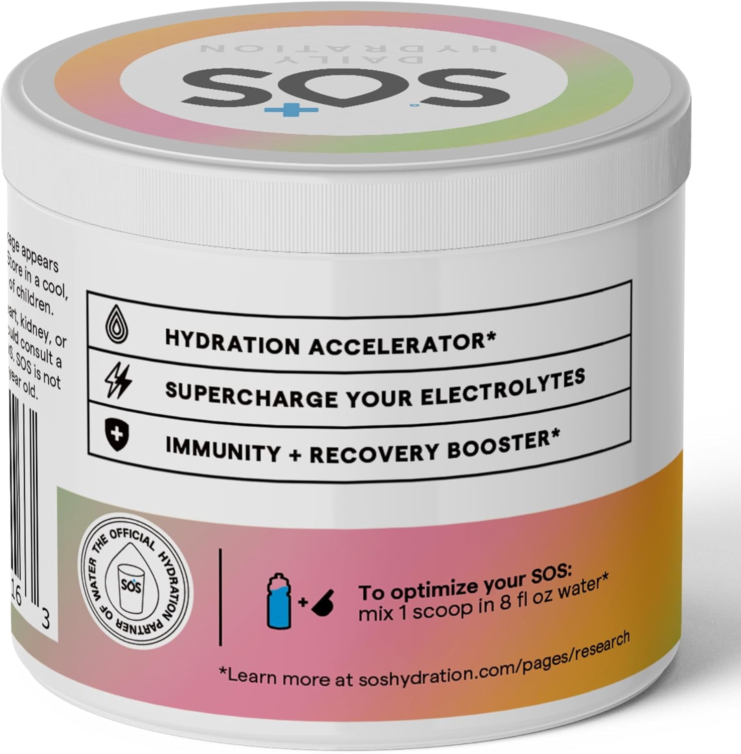 SOS Hydration Daily Electrolyte Powder Drink Mix, Rainbow Sherbet, Low Sugar, 31-Serving