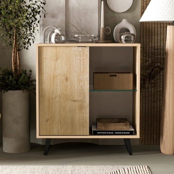 Atelier Mobili Sideboard, Storage Cabinet with Soft Close Doors, Dining Room, Hallway, Console Table, Credenza, Accent Cabinet, 36 X 36 X 18 Inches with Sturdy Metal Legs (1 Door, Oak)