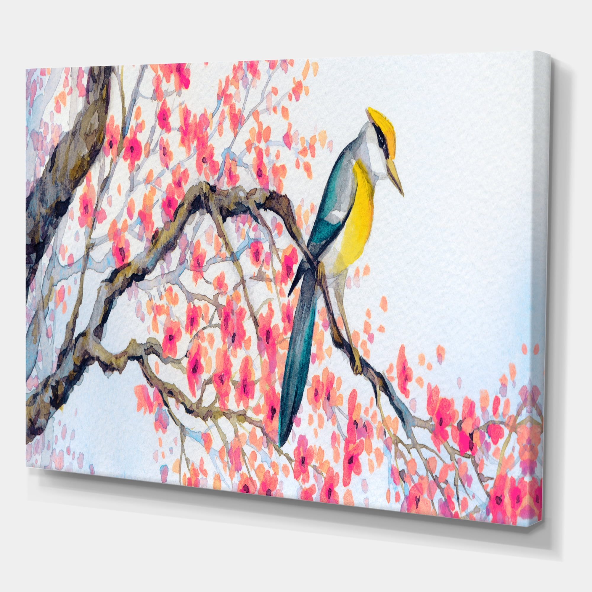 Beautiful Pink Bird Sitting On Flowering Branch I 12 in x 8 in Painting Canvas Art Print, by Designart