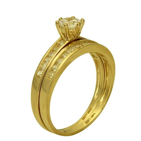 - 1.50 Ct 14K Real Yellow Gold Round Cut with Princess Cut Channel Set Side Stones 6 Prong Cathedral Setting Engagement Wedding Propose Promise Ring with Matching Band Duo 2 Ring Set