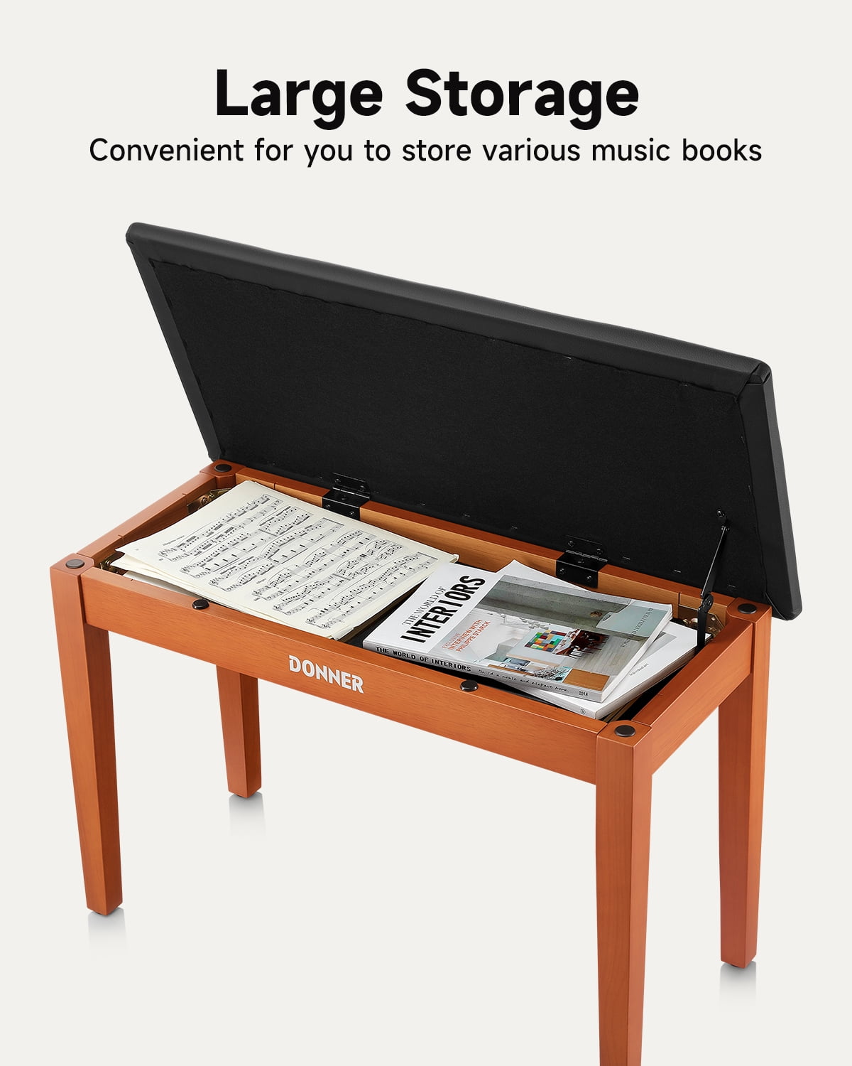 Donner Duet Piano Bench with Storage, Solid Wooden Keyboard Bench Piano Bookcase Stool Chair Seat with High-Density Sponges Padded Cushion, Wood Finish Color