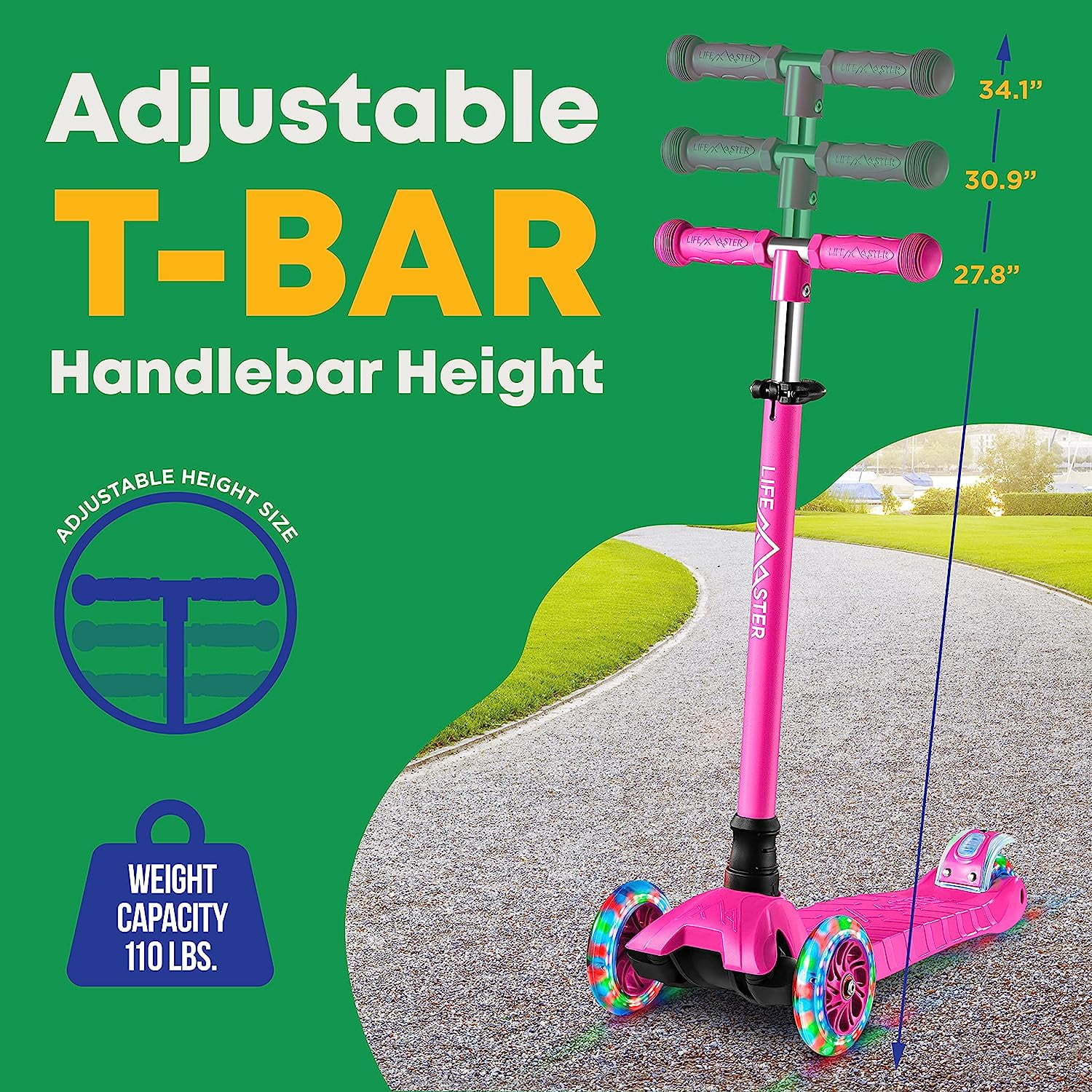 Lifemaster Mini 3-Wheel Kids Scooter with Multi-Color Wheel Lights – 4-Height Adjustable Handlebar, Wide Anti-Slip Deck, Child Safety Certified, Boys & Girls Ages 2+ Supports Up to 110 lbs