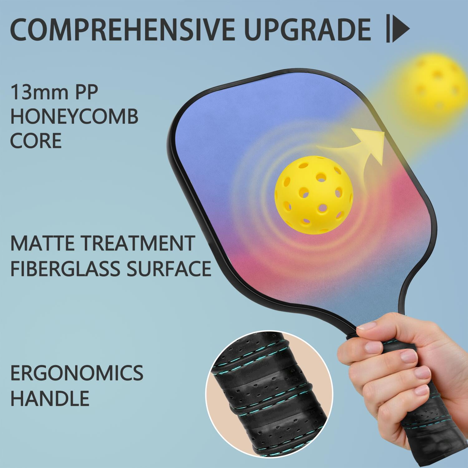 Pickleball Paddles Set Of 1, Fiberglass Surface, Neon Fluid Print, 1 Paddle, 2 Balls & Bag