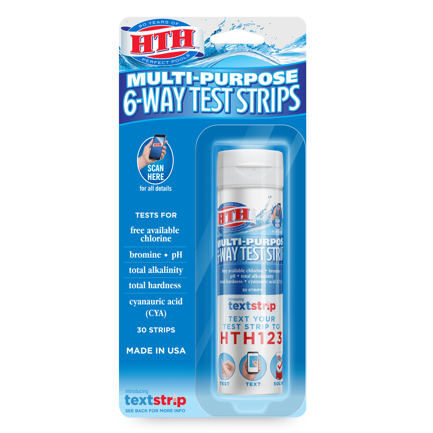 HTH Multi-purpose 6-Way Test Strips for Swimming Pools, 30 ct