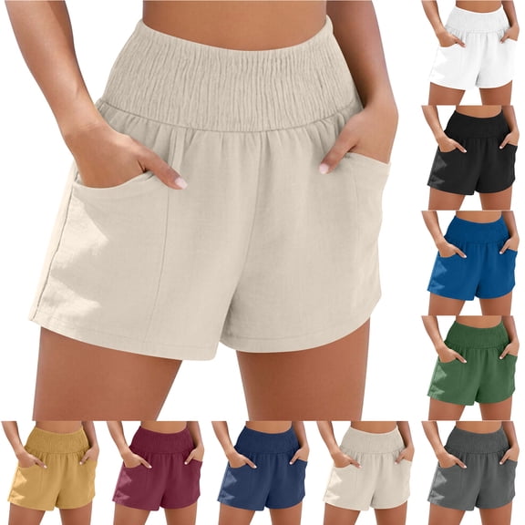 Bloomae Cotton Linen Shorts for Women Summer Casual Smoked Elastic High Waisted Shorts Loose Wide Leg Cargo Shorts with Pockets Yellow XXL