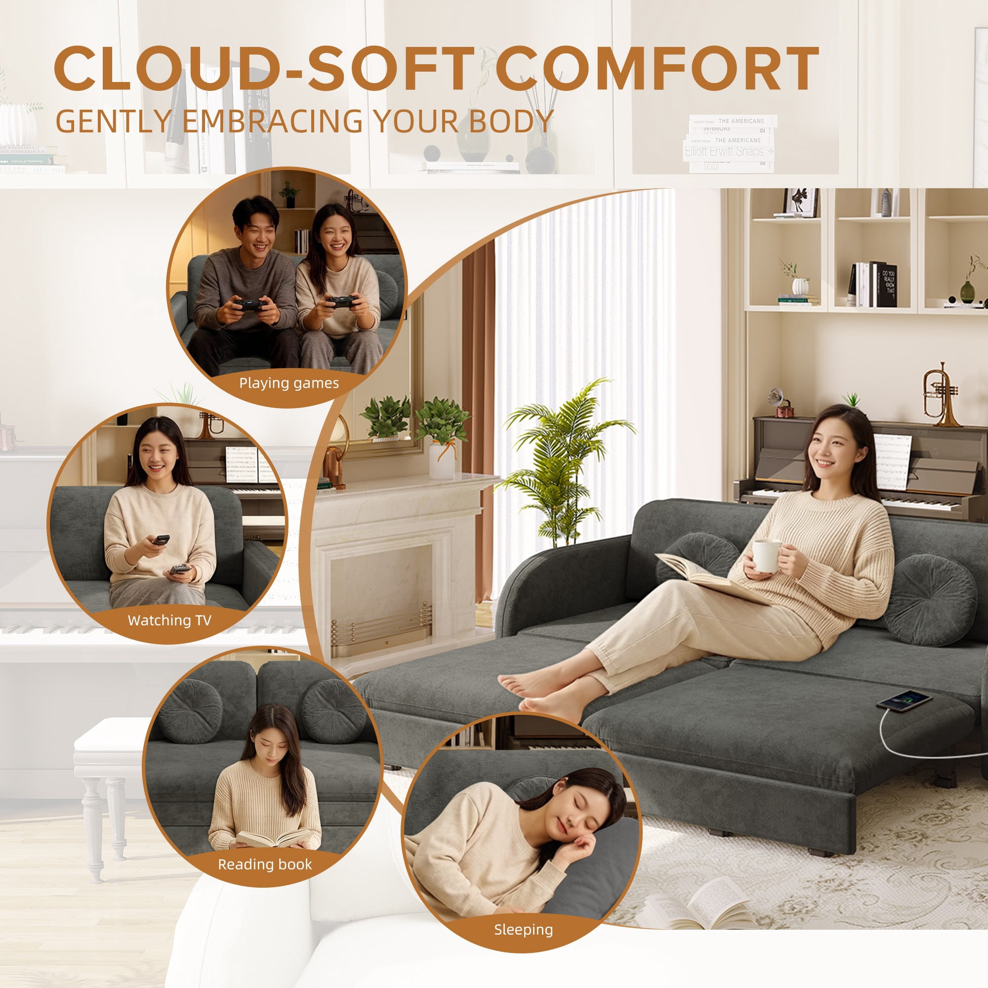 LLappuil Queen Size Pull Out Sofa Bed, Compact Loveseat Sofa Covertible Sofa Bed with USB Port, Side Pocket , Chenille Sofa Couch for Living Room Gray