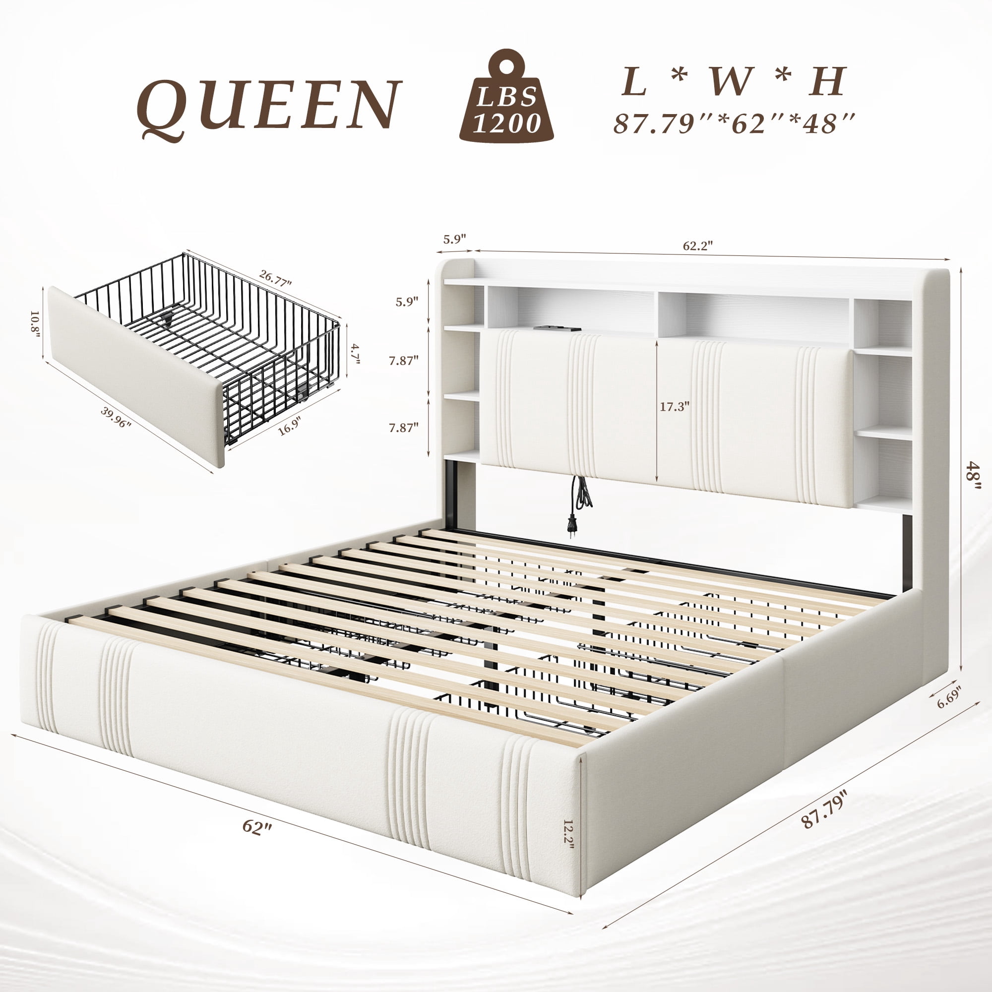 EnHomee Queen Size Bed Frame with 4 Drawers & 3-Tier Storage Shelf Upholstered Bed Frame Queen with Headboard Bed Frame Queen with LED Lights & Charge Station, No Box Spring Needed, No-Noise, Beige