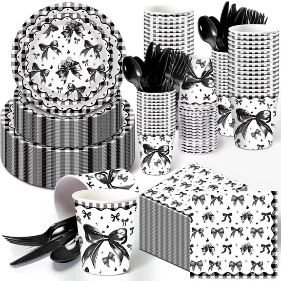 CC HOME BLACK Bow Pattern Tableware Set Serves-16 People Disposable Paper Plates Cups Napkins for Birthday Baby Shower Party Supplies