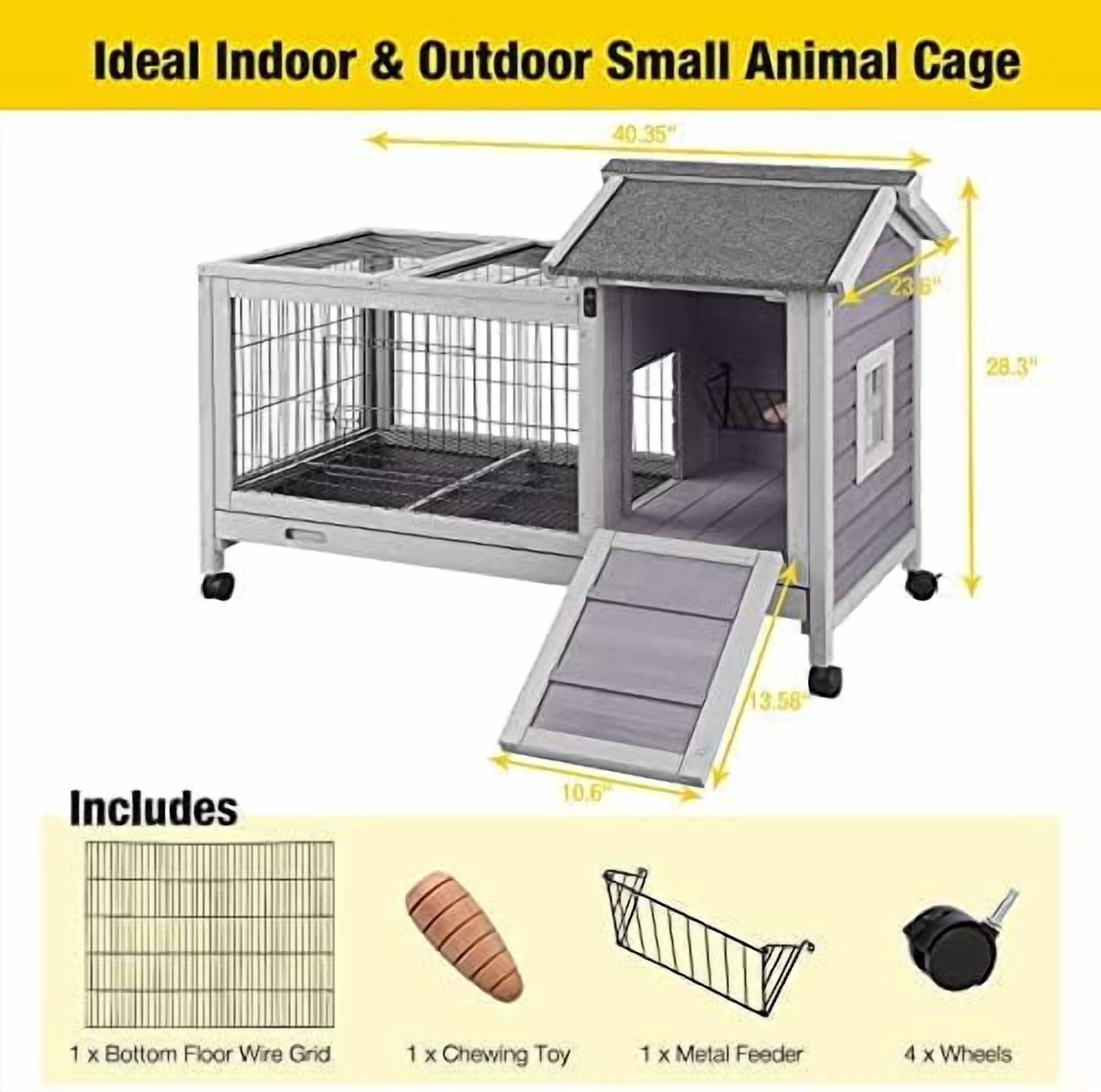 Wooden Rabbit Hutch with Removable Wire Floor Grid, Bunny Cage with Deeper Leakproof Tray 4 Wheels Include