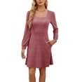 thumbnail image 2 of Cyber**Monday ChaoHeng Fall Women Dresses Clearance under $10 Women's Square Neck Pocket Detail Knit Sweater Long Sleeve Dress, 2 of 5