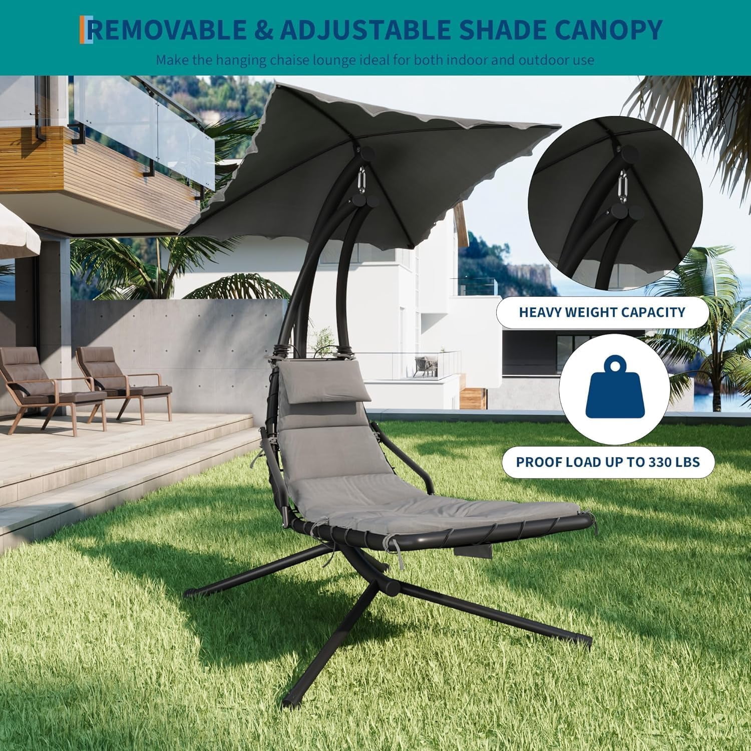 Senfot Dream Hammock, Iron + Cloth Cushion + Sunshade Canopy, Comfortable Outdoor Hammock for Backyard Gray