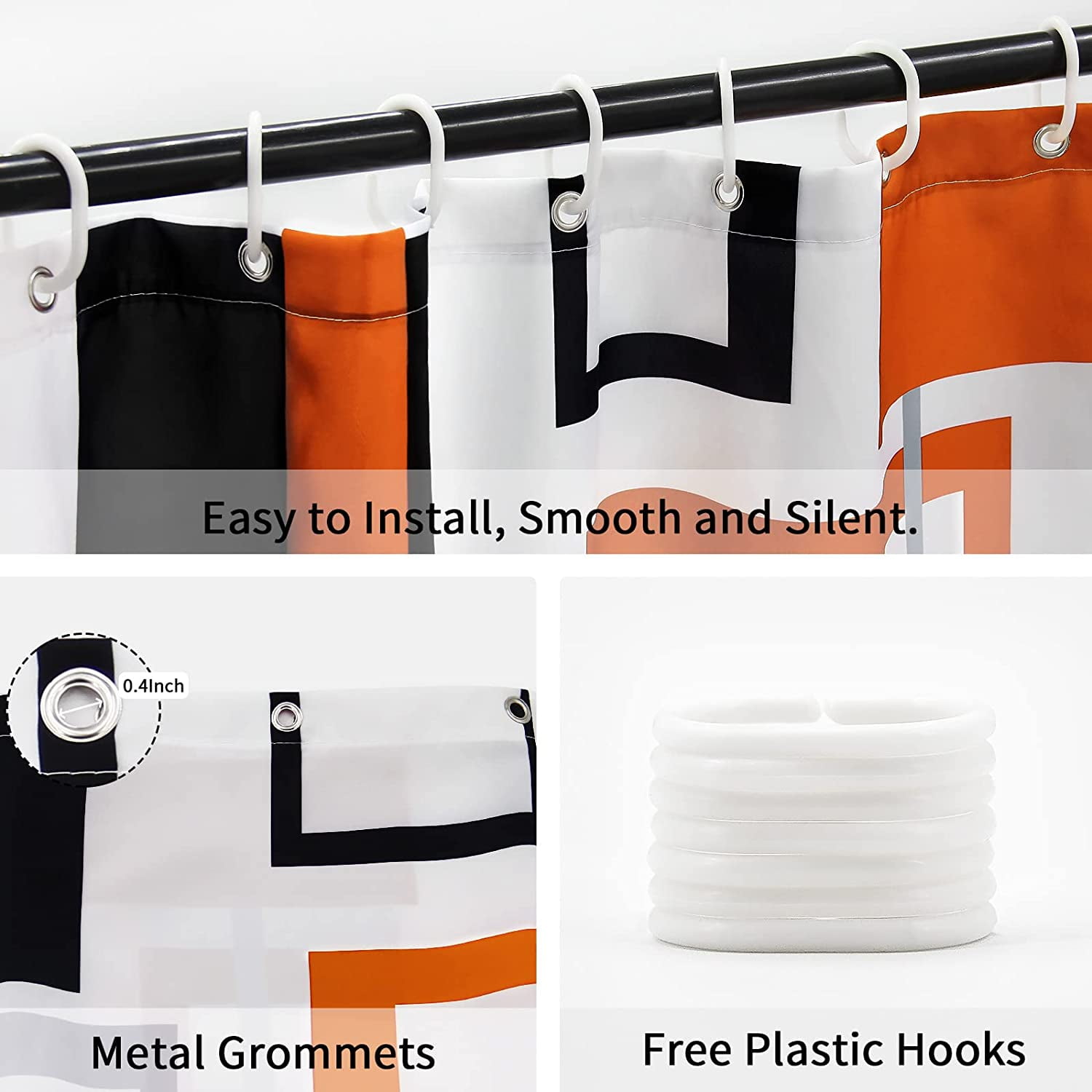 Burnt Orange Shower Curtain, Mid Century Modern Geometric Shower Curtain Set, Abstract Orange Black Grey Square White Backdrop Waterproof Fabric Shower Curtain for Bathroom Decor, 72 x 72