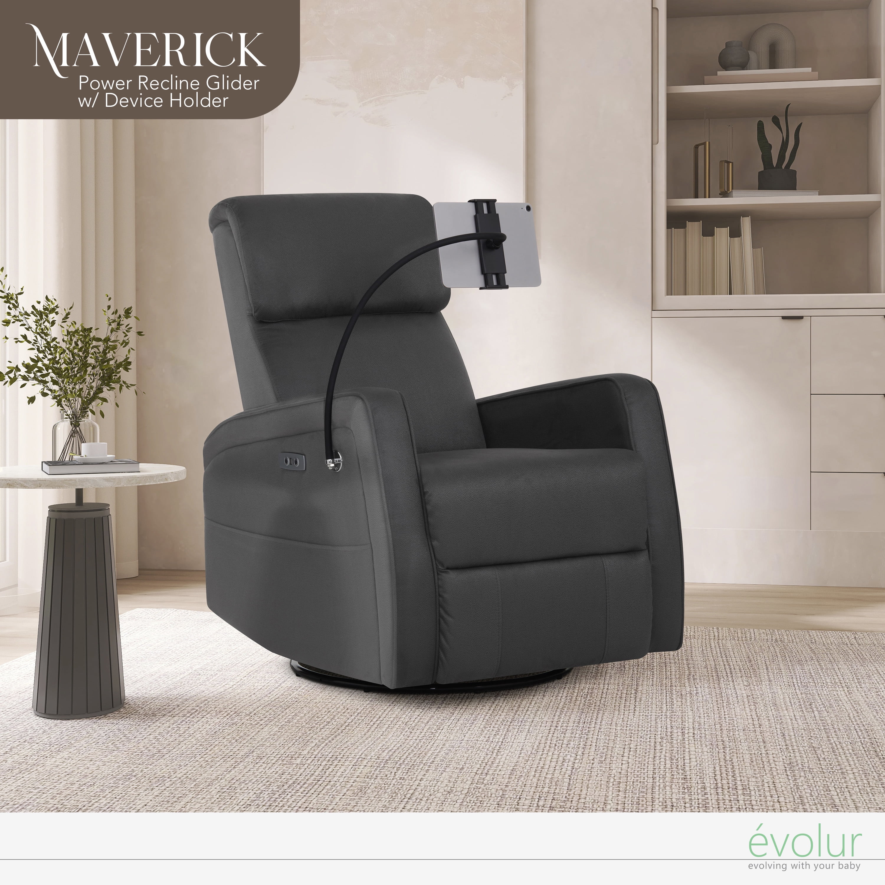 Evolur Maverick Power Recline Glider with Phone or Tablet Holder, Tempered Grey