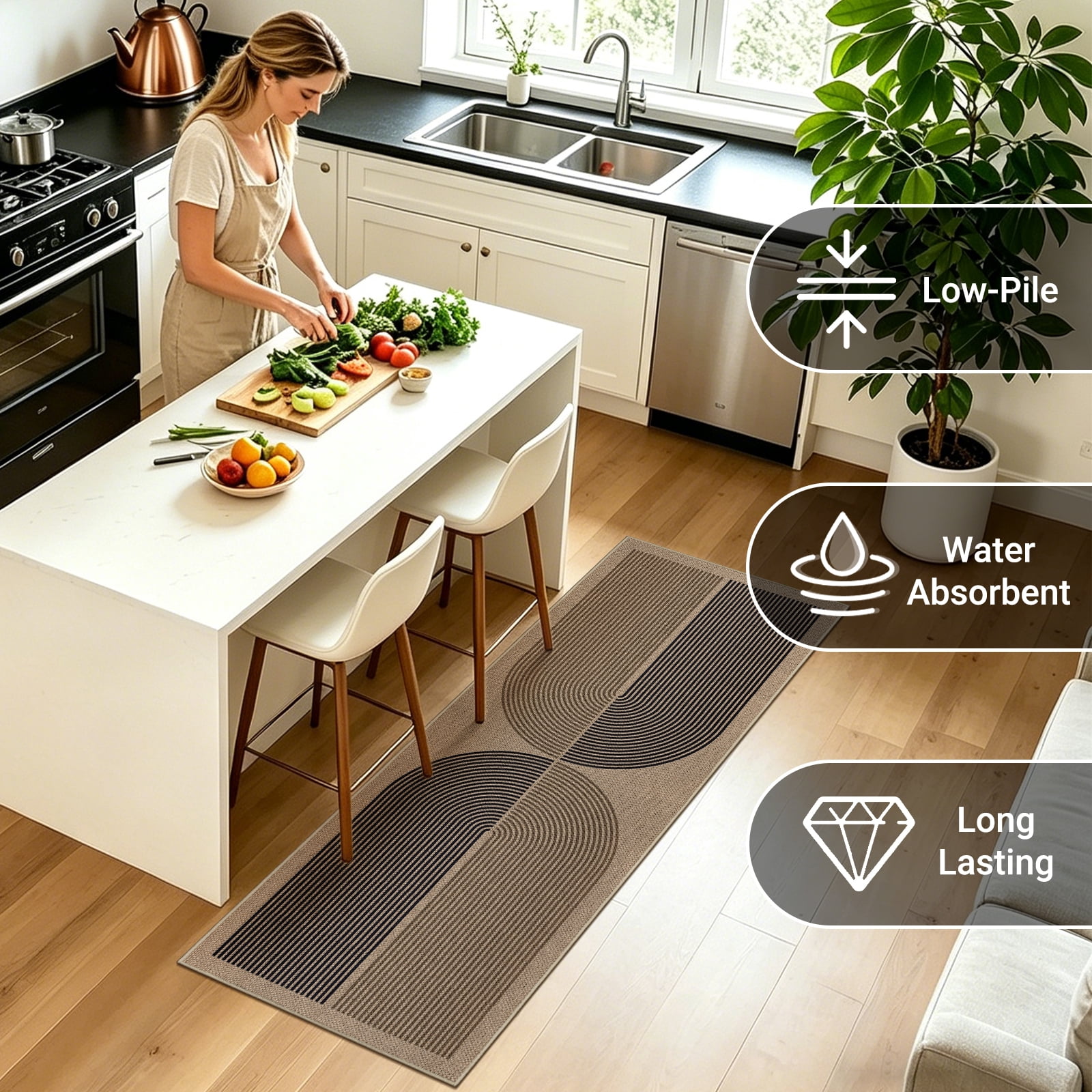 ORGOWEL Easy Jute Kitchen Rug Set of 3 Boho Modern Non-Slip Washable Floor Mat Carpet for Kitchen Sink Laundry Room Hallway, Black & Brown