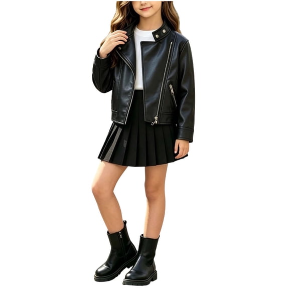 Posijego Kids Girls Leather Jackets Zipper Biker Style Coats Windproof Vintage Motorcycle Outerwear Ages 1–10 Years