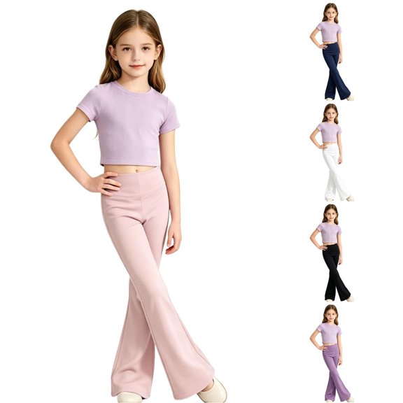 OSOLU Girls Pants High Waist Flared Leg Stretch Slim Fit Casual Dance Daily Bottoms Pink