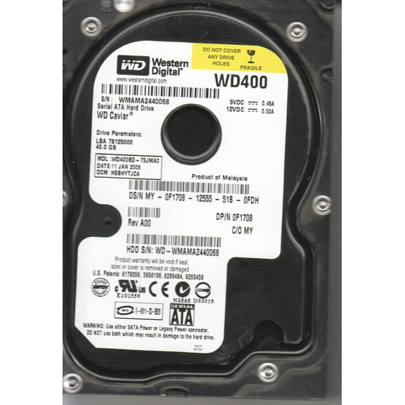 WD400BD-75JMA0, DCM HSBHYTJCA, Western Digital 40GB SATA 3.5 Hard Drive