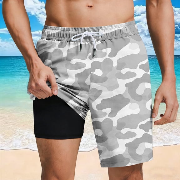 Mens Beach Shorts Summer Swim Trunks with Compression Liner Hawaiian Print Board Shorts Quickly Dry Elastic Waist Drawstring Swimming Shorts
