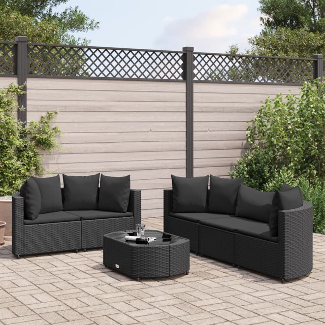 vidaXL 6 Piece Garden Sofa Set with Cushions Black Poly Rattan