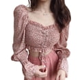 thumbnail image 1 of Camisa de mujer Vintage Cuello cuadrado Blusa de manga larga Estampado floral Top corto, Rosa kenally AP001259-02B, 1 of 7