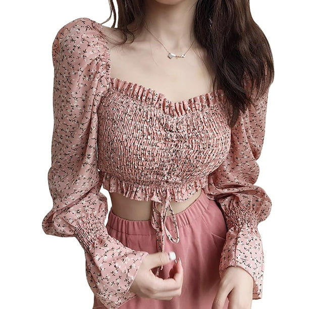 Camisa de mujer Vintage Cuello cuadrado Blusa de manga larga Estampado floral Top corto, Rosa Monstrate AP001259-02B
