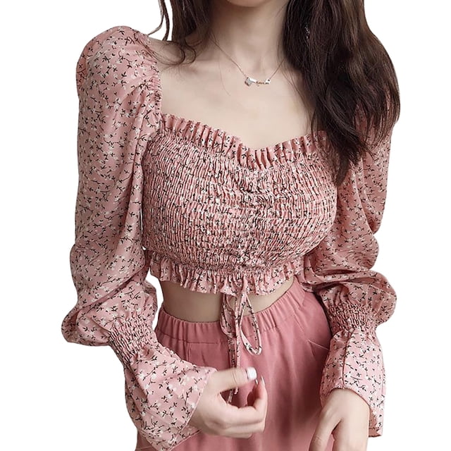 Camisa de mujer Vintage Cuello cuadrado Blusa de manga larga Estampado floral Top corto, Rosa kenally AP001259-02B