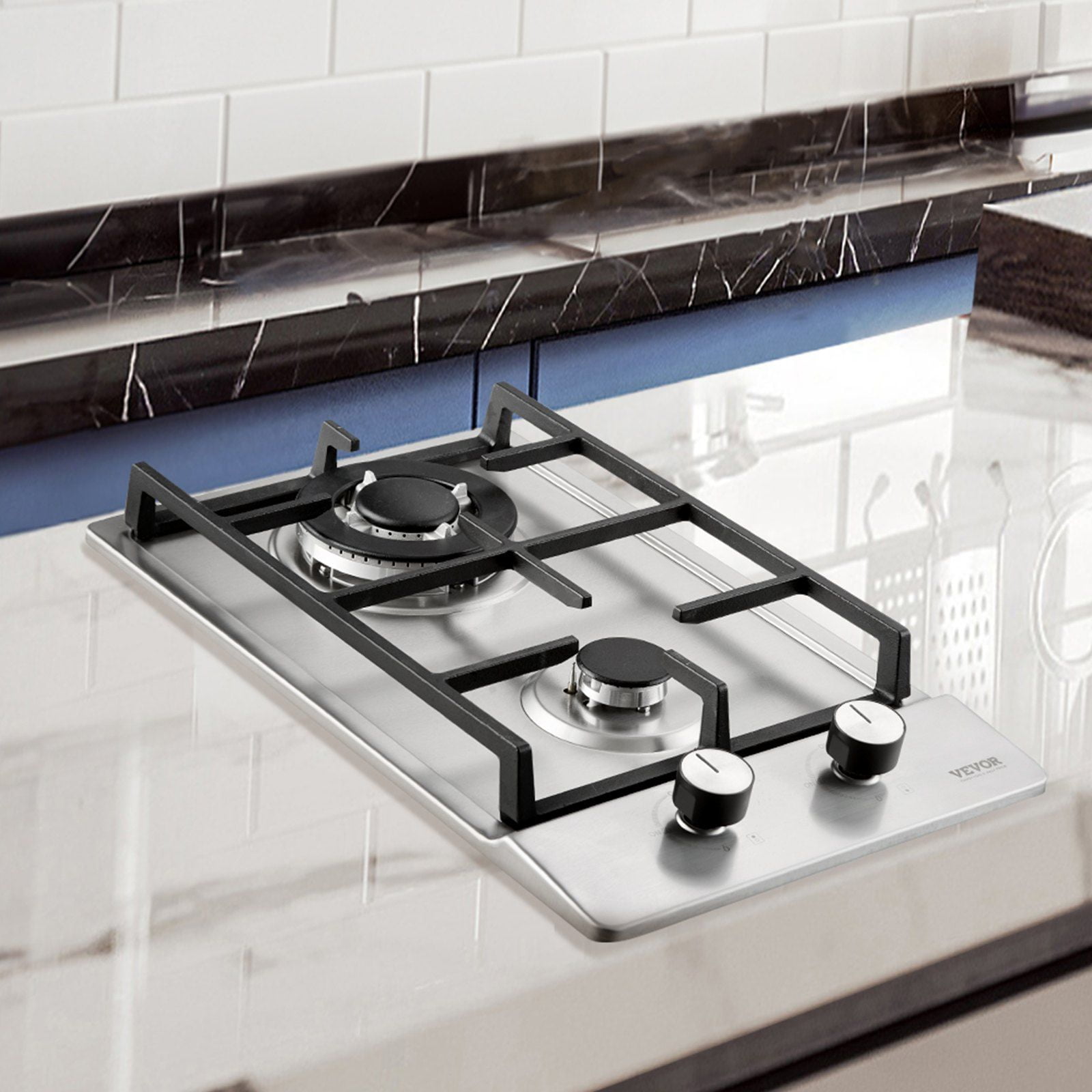 Gas Cooktop 12 inch, "Max 12500BTU 2 Burner Built-in Stainless Steel Gas Cooktop, LPG/NG Convertible Dual Fuel Natural Gas Hob with Thermocouple Safety"