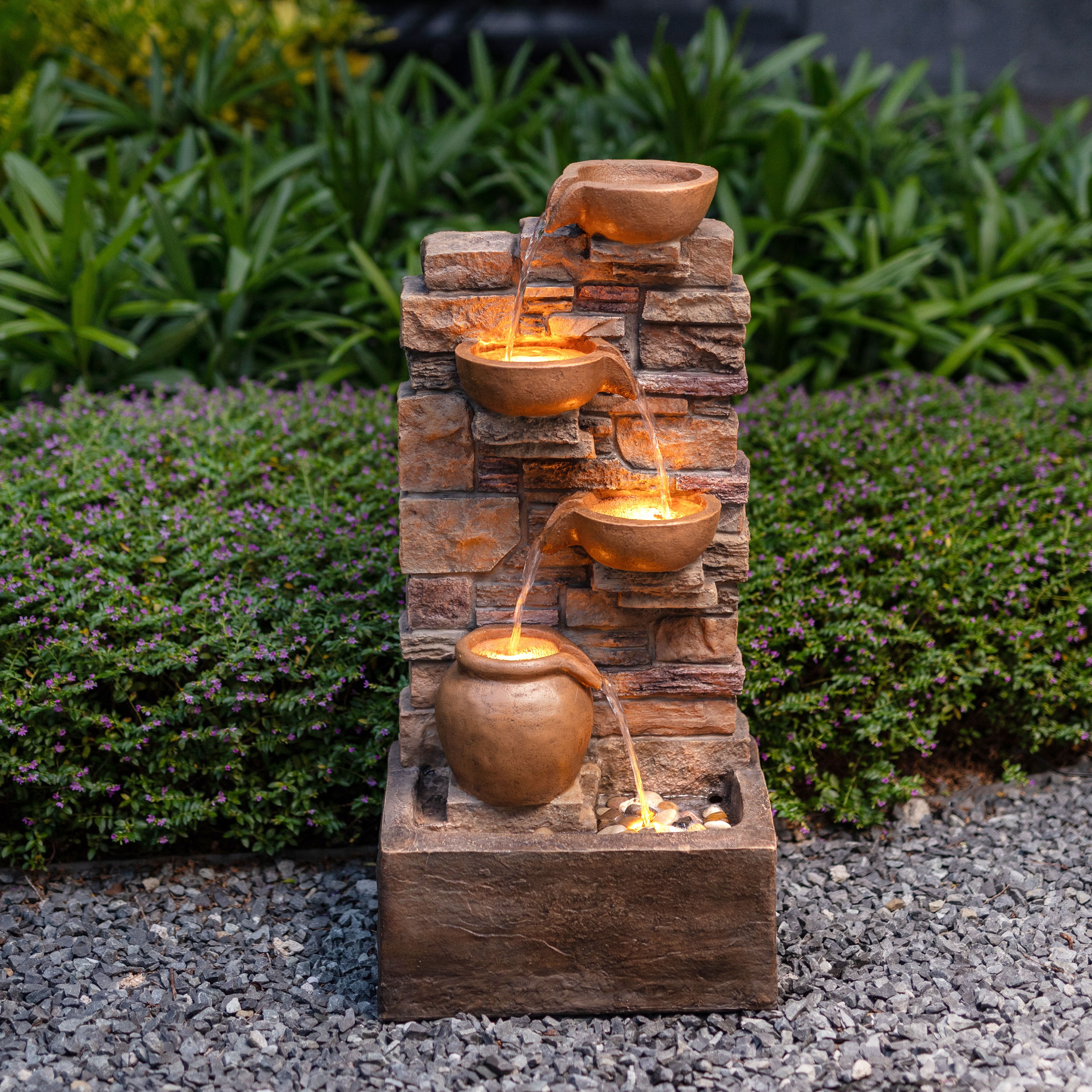 Teamson Home 28.5" Outdoor 4-Tier Stacked Stone Cascading Water Fountain with LED Lights, Brown