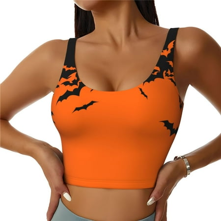 Fotbe Halloween With Black Bats Pattern Womens  Sports Bra Longline Wirefree Padded with Medium Support Sports Moisture-Wicking Workou Vest Tank Top-X-Large