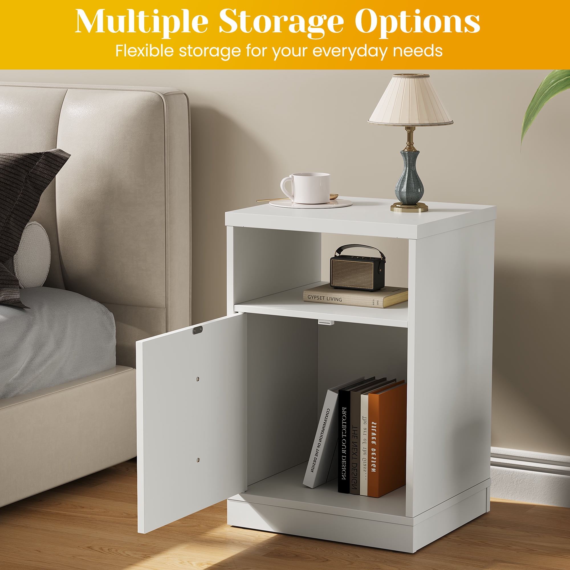 May in Color white Nightstand with Storage Shelf & Door, Faux Drawer Design End Table, Compact Side Table for Bedrooms, Dorm Rooms & Small Spaces, Set of 2
