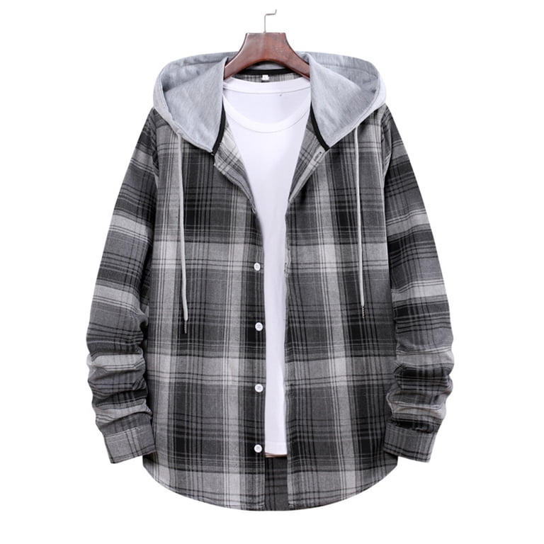 Niuer Mens Slim Fit Hooded Neck Shirts Men Casual Hoodies Button Up  Vacation Plaid Drawstring Tunic Shirt Gray M - Walmart.com