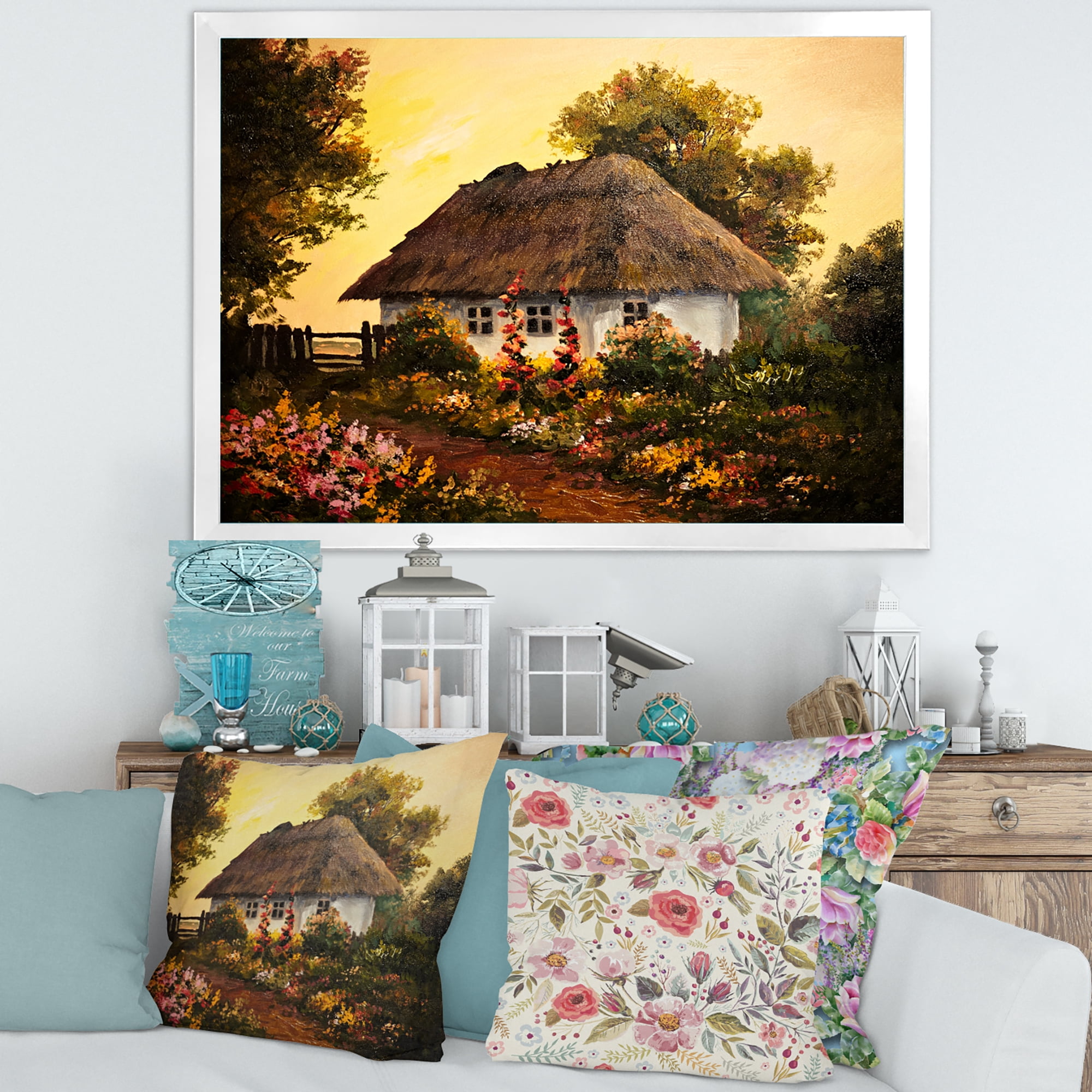Designart 'Traditional Cottage At Sunset In Autumn Flowers' Traditional Framed Art Print