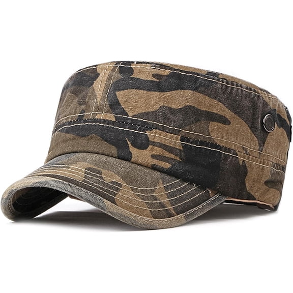 Military Cadet Army Cap for Men Women – Washed Cotton Vintage Adjustable Flat Top Hat