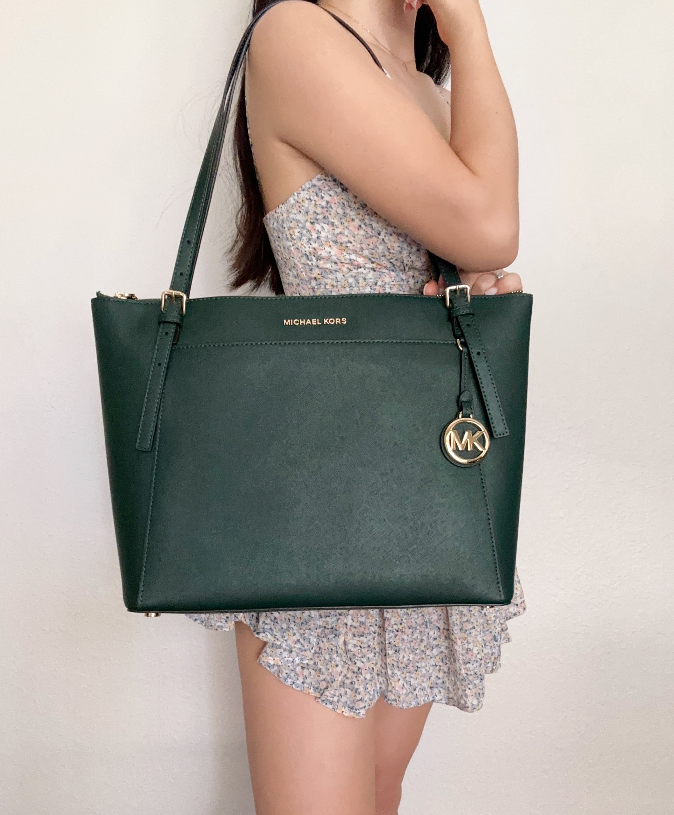 Michael Kors Voyager Large East West Top Zip Tote Bag in Saffiano Leather Racing Green Walmart