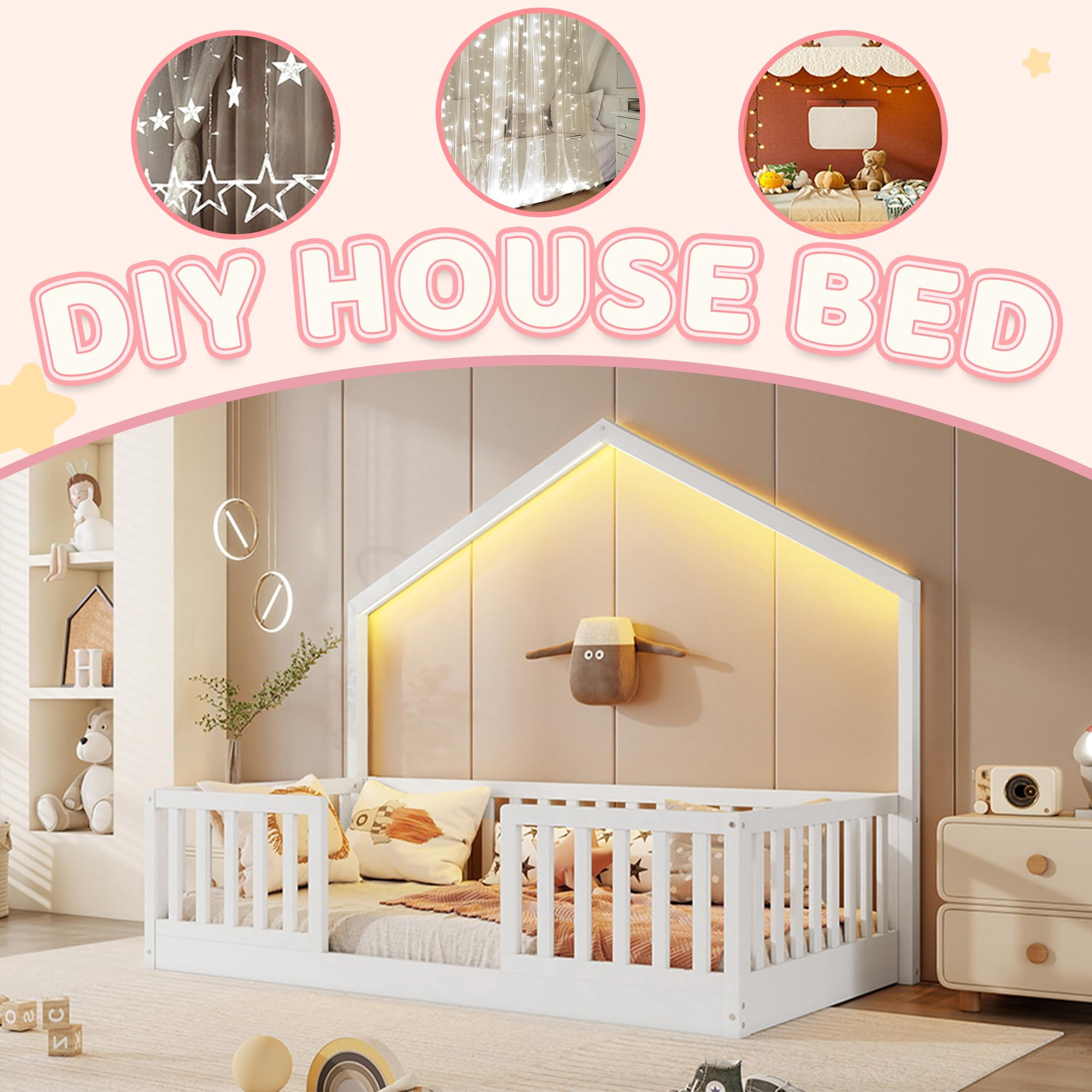 Mirightone Twin Floor Bed with High Rails, Wooden Montessori Bed Frame with Single Color Light and House Shape Design, Low Profile Beds, twin bed frames white