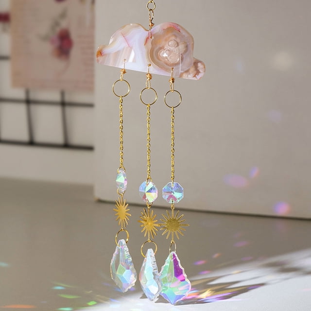 YAOMOBB Faux Crystal Wind Chime Shiny Rhinestones Wind Chimes Pendant Rainbow Maker Hanging Ornament Indoor Faux Crystal Cloud Wind Chime Golden Color Chain