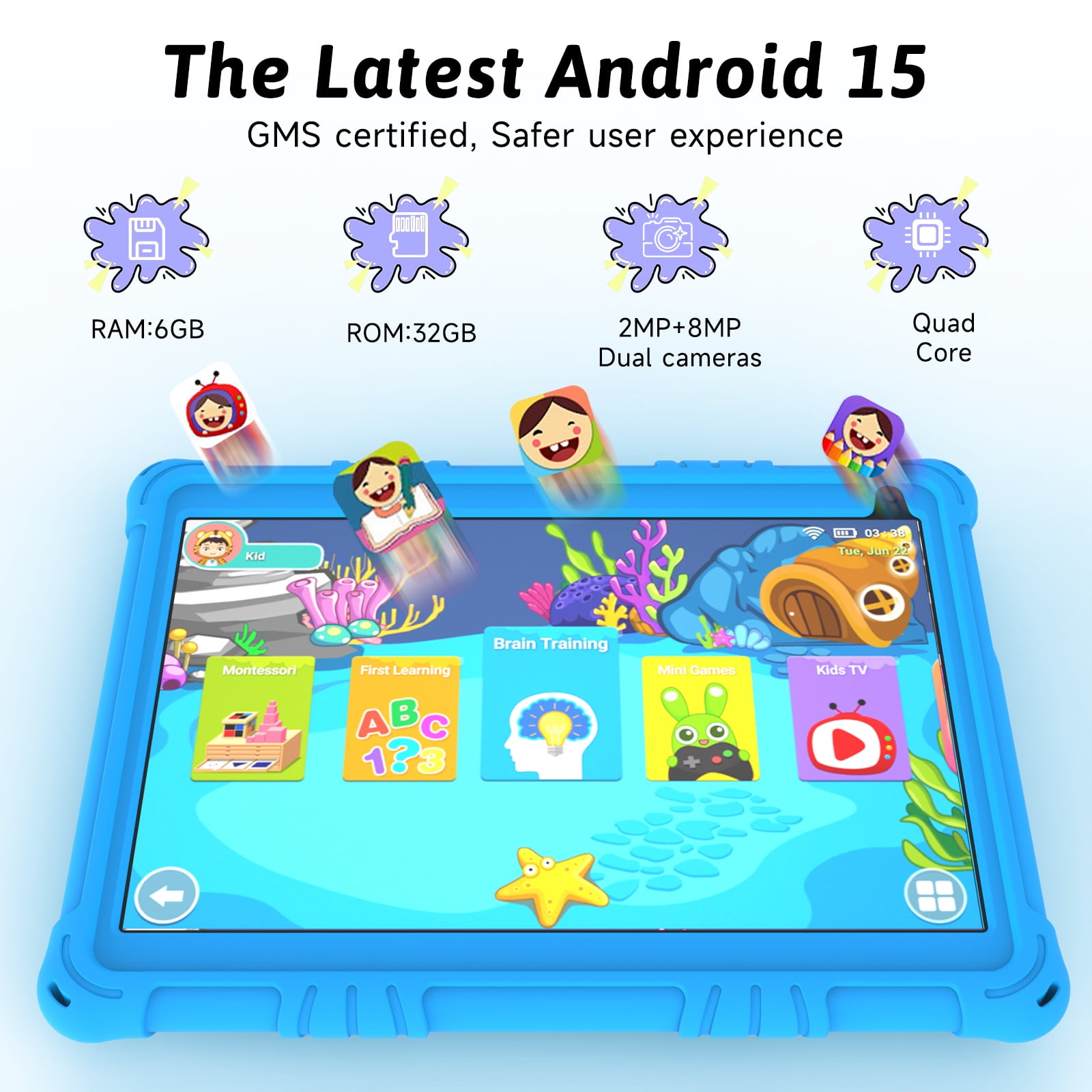 Android 15 Kids Tablet 10 inch Tablet for Kids, Toddler Tablets with Shockproof Case, 6GB RAM 32GB ROM 1TB Expand, Parental Controls, Kids Space, Child Learning, WiFi, 6000mAh, Dual Camera, Blue