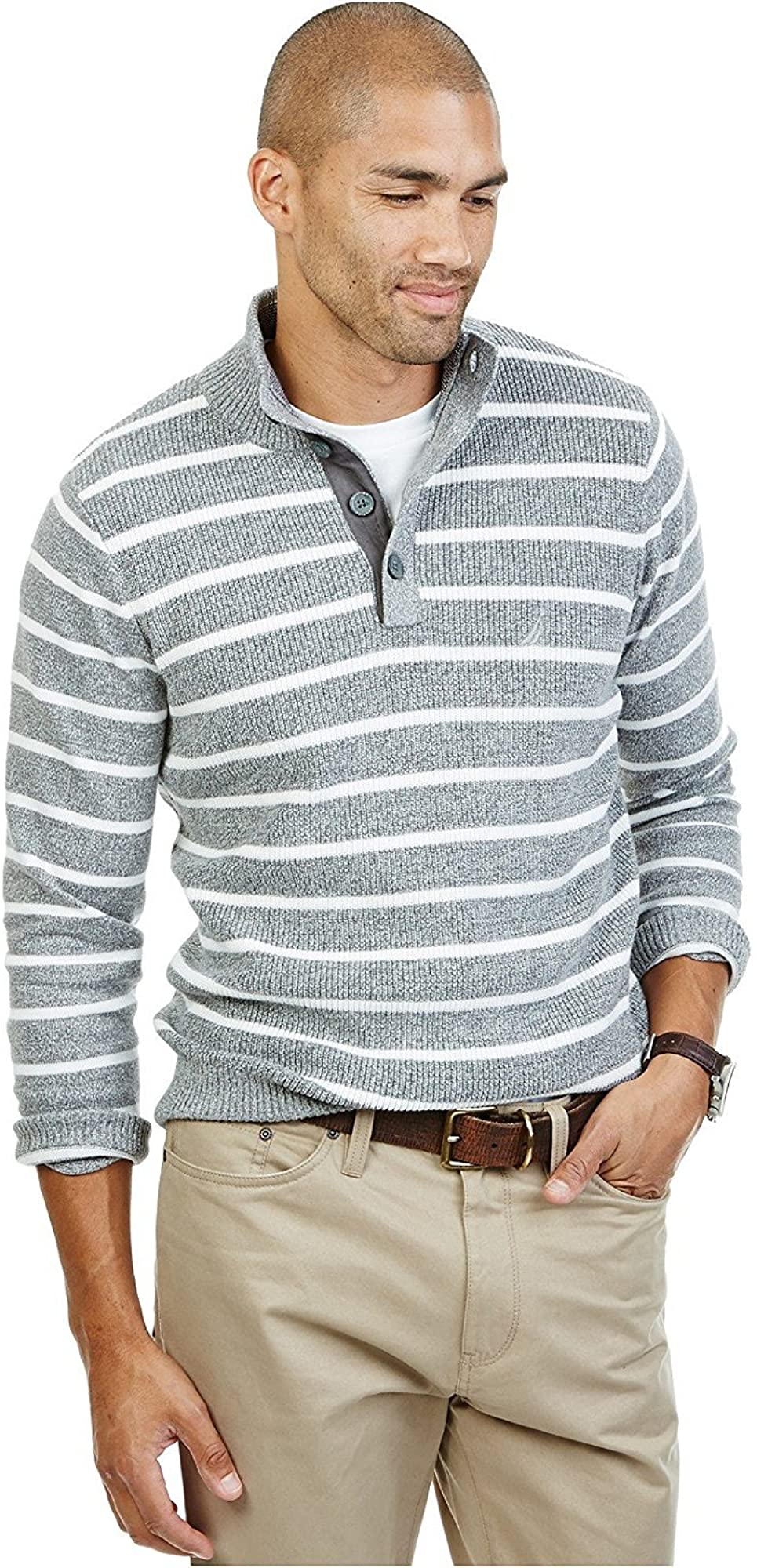 Nautica Mens Striped Button Mock-Neck 